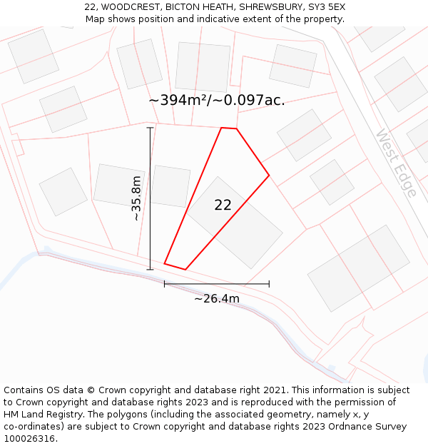 22, WOODCREST, BICTON HEATH, SHREWSBURY, SY3 5EX: Plot and title map