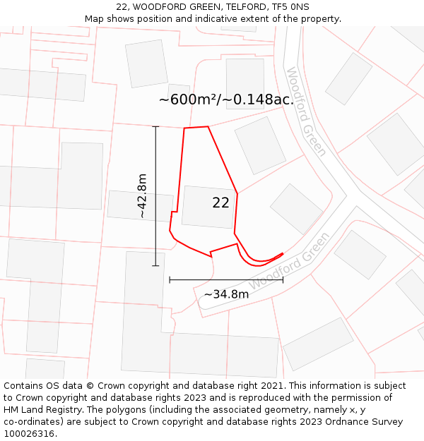 22, WOODFORD GREEN, TELFORD, TF5 0NS: Plot and title map