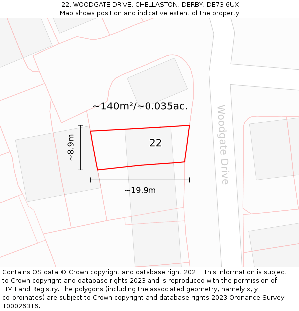 22, WOODGATE DRIVE, CHELLASTON, DERBY, DE73 6UX: Plot and title map
