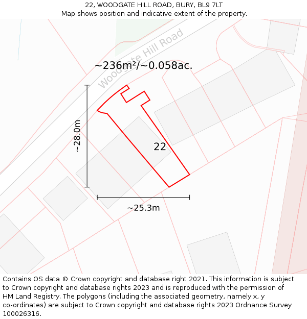 22, WOODGATE HILL ROAD, BURY, BL9 7LT: Plot and title map