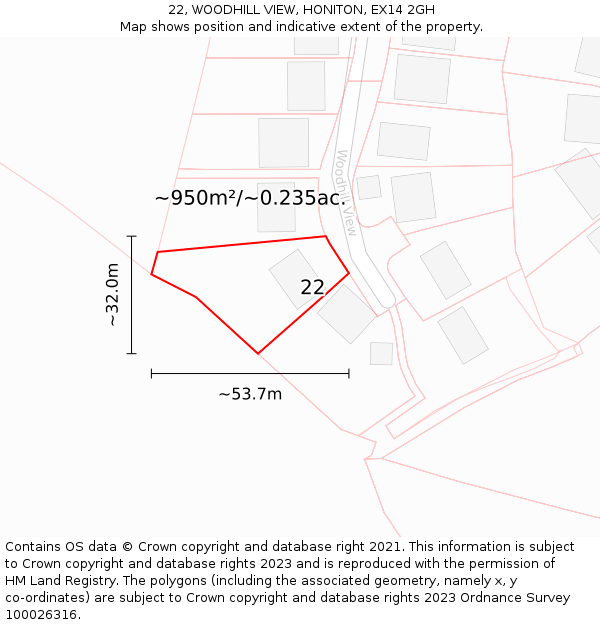 22, WOODHILL VIEW, HONITON, EX14 2GH: Plot and title map