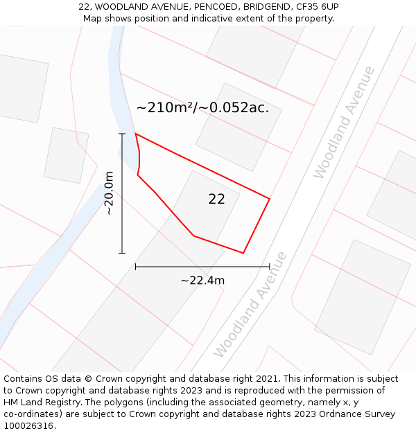 22, WOODLAND AVENUE, PENCOED, BRIDGEND, CF35 6UP: Plot and title map