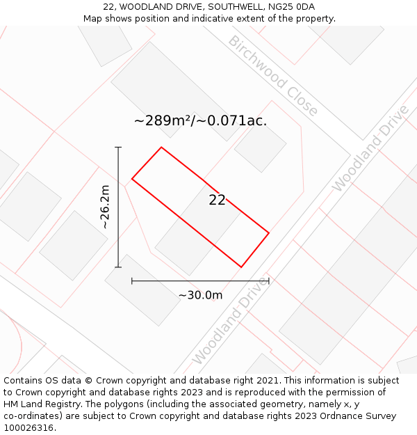 22, WOODLAND DRIVE, SOUTHWELL, NG25 0DA: Plot and title map