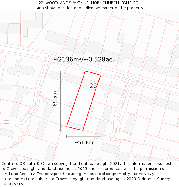22, WOODLANDS AVENUE, HORNCHURCH, RM11 2QU: Plot and title map