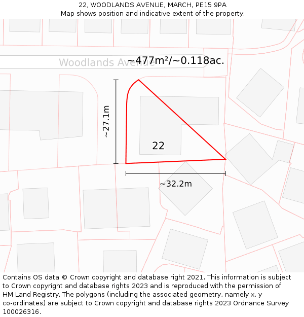 22, WOODLANDS AVENUE, MARCH, PE15 9PA: Plot and title map