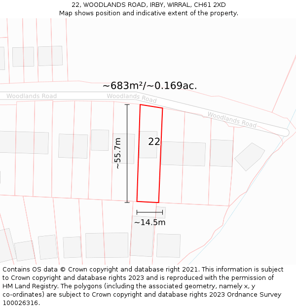 22, WOODLANDS ROAD, IRBY, WIRRAL, CH61 2XD: Plot and title map