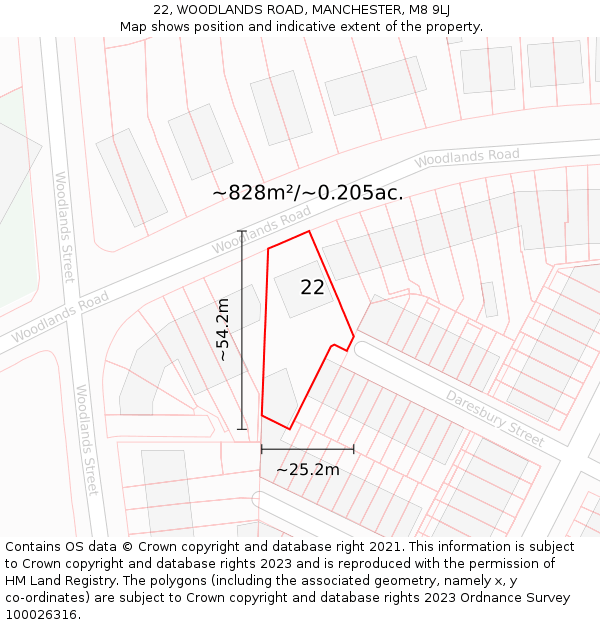 22, WOODLANDS ROAD, MANCHESTER, M8 9LJ: Plot and title map