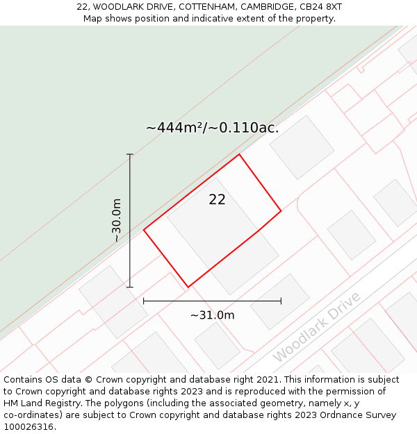 22, WOODLARK DRIVE, COTTENHAM, CAMBRIDGE, CB24 8XT: Plot and title map