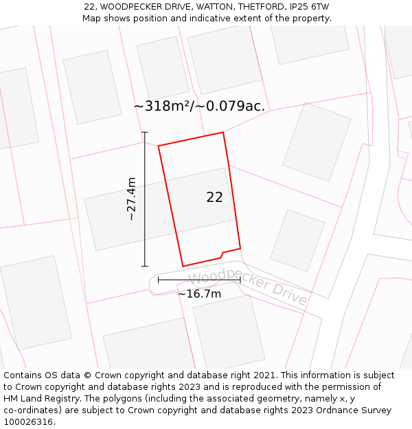 22, WOODPECKER DRIVE, WATTON, THETFORD, IP25 6TW: Plot and title map