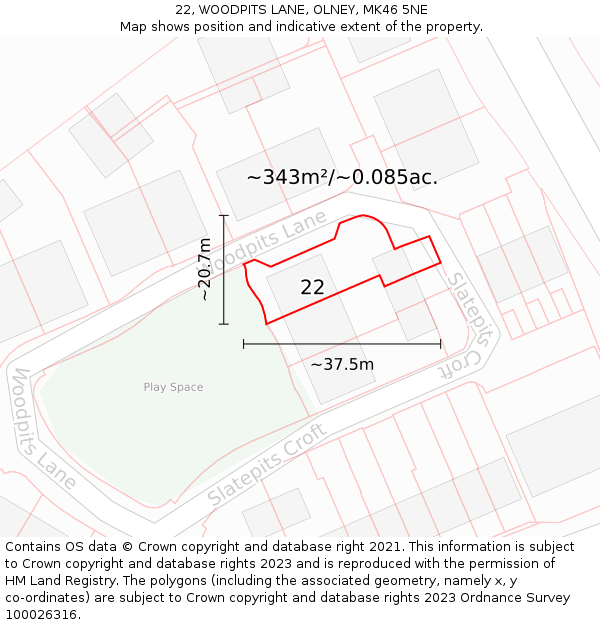 22, WOODPITS LANE, OLNEY, MK46 5NE: Plot and title map
