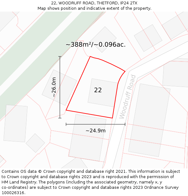 22, WOODRUFF ROAD, THETFORD, IP24 2TX: Plot and title map