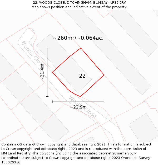 22, WOODS CLOSE, DITCHINGHAM, BUNGAY, NR35 2RY: Plot and title map