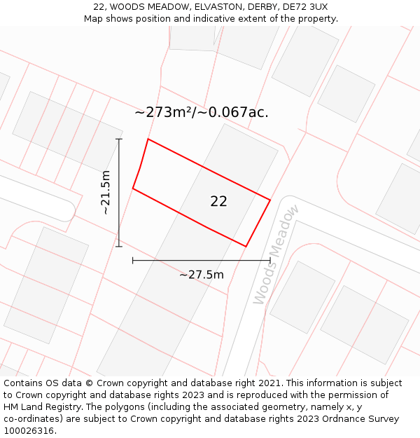 22, WOODS MEADOW, ELVASTON, DERBY, DE72 3UX: Plot and title map