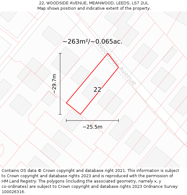 22, WOODSIDE AVENUE, MEANWOOD, LEEDS, LS7 2UL: Plot and title map