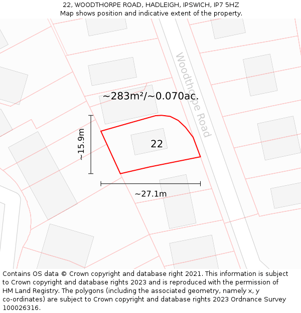 22, WOODTHORPE ROAD, HADLEIGH, IPSWICH, IP7 5HZ: Plot and title map