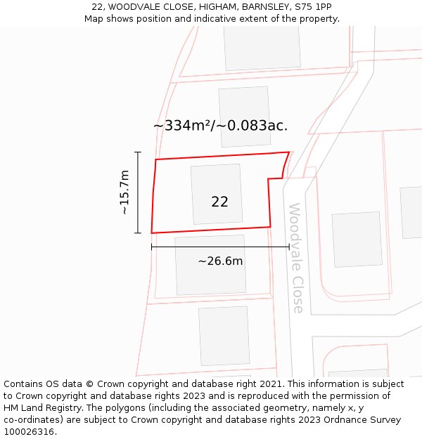 22, WOODVALE CLOSE, HIGHAM, BARNSLEY, S75 1PP: Plot and title map