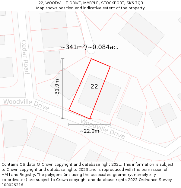 22, WOODVILLE DRIVE, MARPLE, STOCKPORT, SK6 7QR: Plot and title map