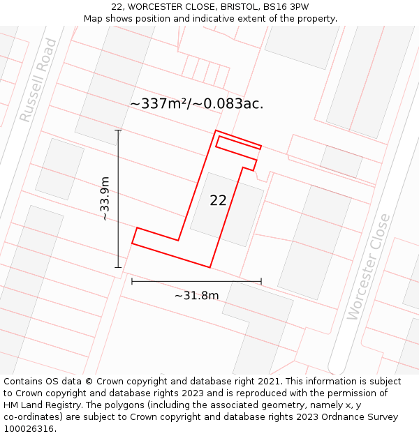 22, WORCESTER CLOSE, BRISTOL, BS16 3PW: Plot and title map