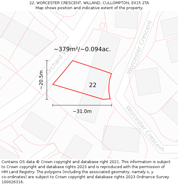 22, WORCESTER CRESCENT, WILLAND, CULLOMPTON, EX15 2TA: Plot and title map