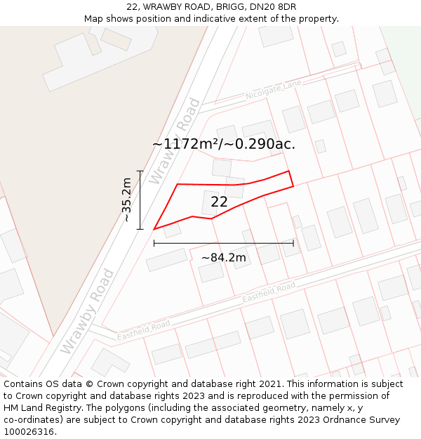 22, WRAWBY ROAD, BRIGG, DN20 8DR: Plot and title map