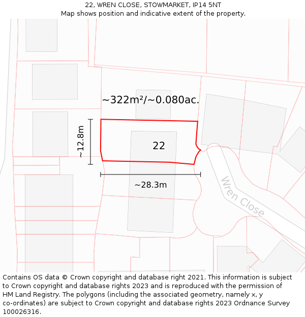 22, WREN CLOSE, STOWMARKET, IP14 5NT: Plot and title map