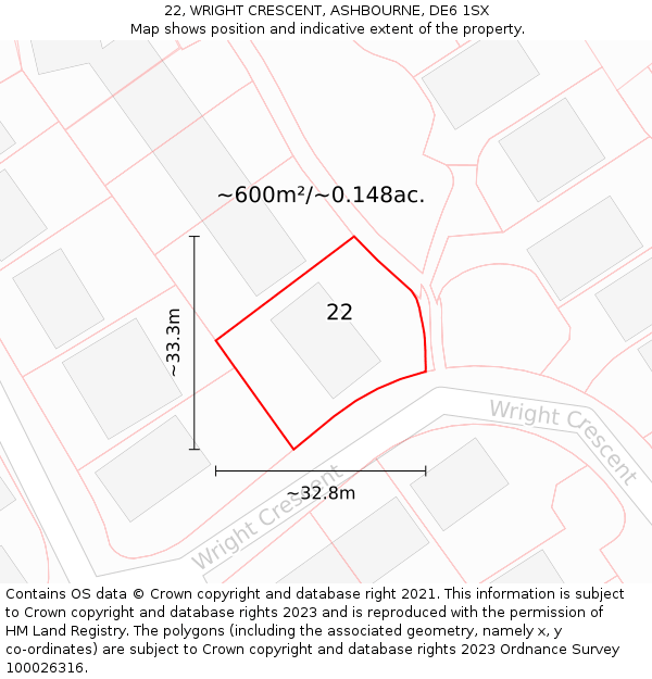 22, WRIGHT CRESCENT, ASHBOURNE, DE6 1SX: Plot and title map