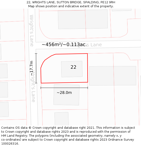 22, WRIGHTS LANE, SUTTON BRIDGE, SPALDING, PE12 9RH: Plot and title map