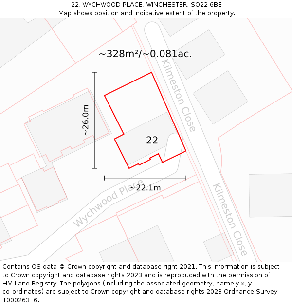 22, WYCHWOOD PLACE, WINCHESTER, SO22 6BE: Plot and title map
