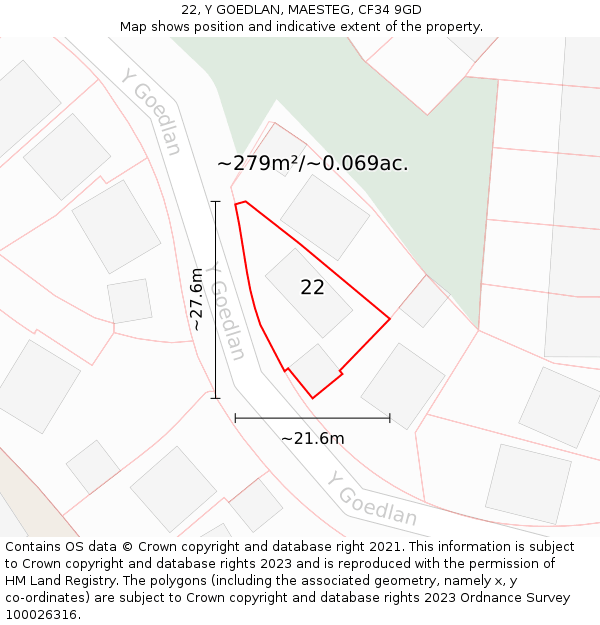 22, Y GOEDLAN, MAESTEG, CF34 9GD: Plot and title map