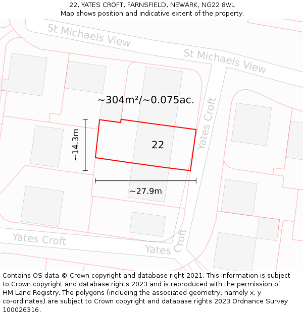 22, YATES CROFT, FARNSFIELD, NEWARK, NG22 8WL: Plot and title map