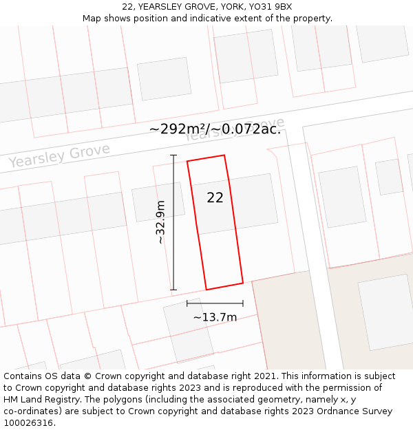 22, YEARSLEY GROVE, YORK, YO31 9BX: Plot and title map