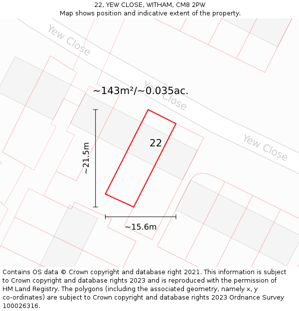 22, YEW CLOSE, WITHAM, CM8 2PW: Plot and title map