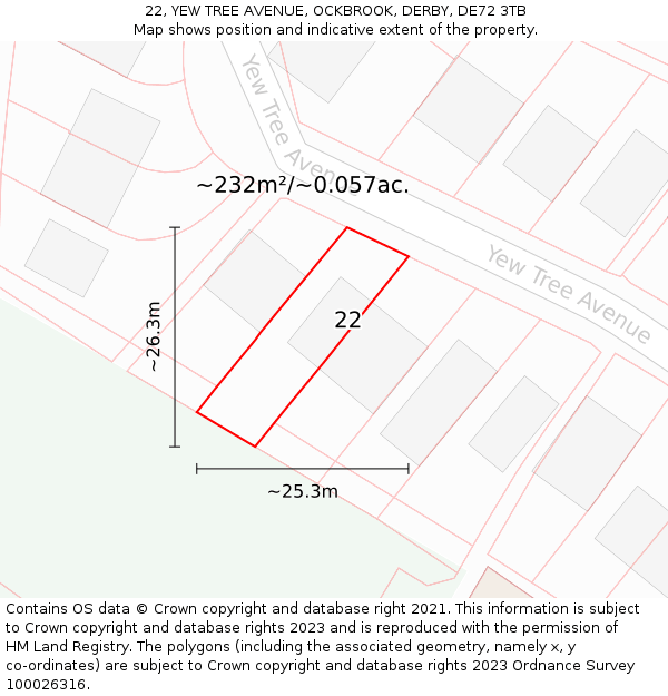 22, YEW TREE AVENUE, OCKBROOK, DERBY, DE72 3TB: Plot and title map