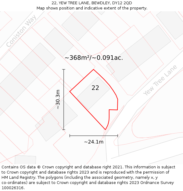 22, YEW TREE LANE, BEWDLEY, DY12 2QD: Plot and title map