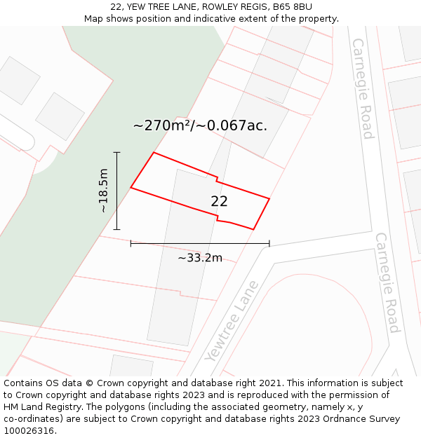 22, YEW TREE LANE, ROWLEY REGIS, B65 8BU: Plot and title map
