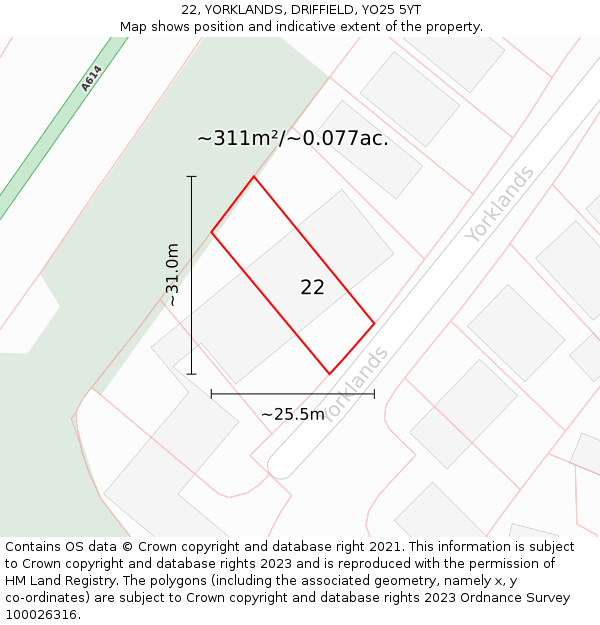 22, YORKLANDS, DRIFFIELD, YO25 5YT: Plot and title map