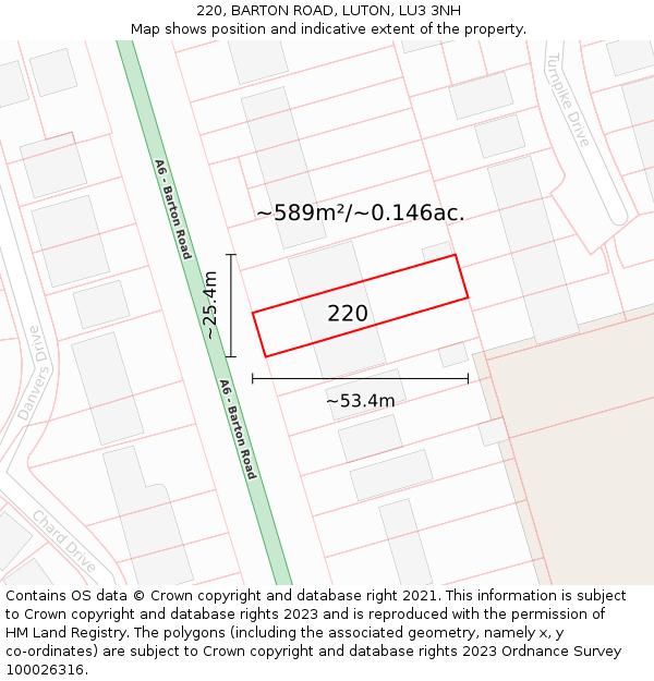 220, BARTON ROAD, LUTON, LU3 3NH: Plot and title map