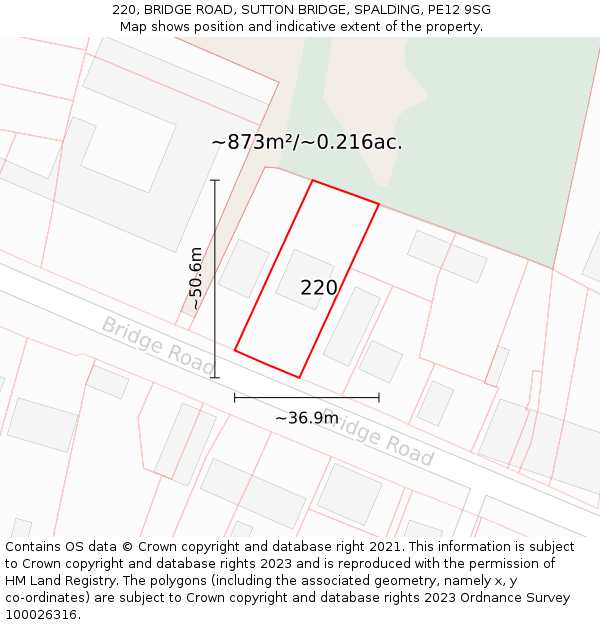 220, BRIDGE ROAD, SUTTON BRIDGE, SPALDING, PE12 9SG: Plot and title map