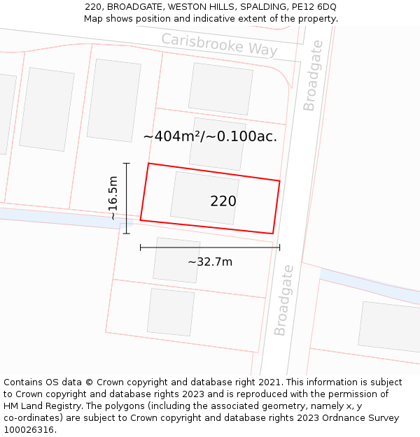 220, BROADGATE, WESTON HILLS, SPALDING, PE12 6DQ: Plot and title map