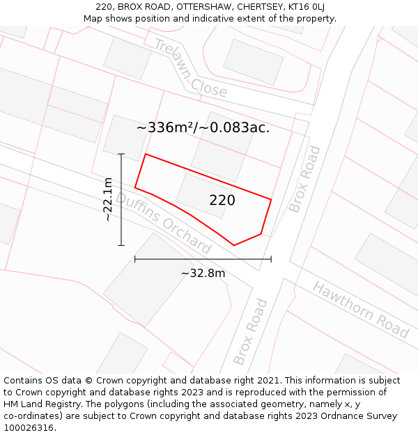 220, BROX ROAD, OTTERSHAW, CHERTSEY, KT16 0LJ: Plot and title map