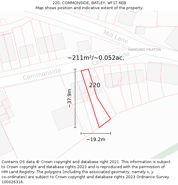 220, COMMONSIDE, BATLEY, WF17 6EB: Plot and title map