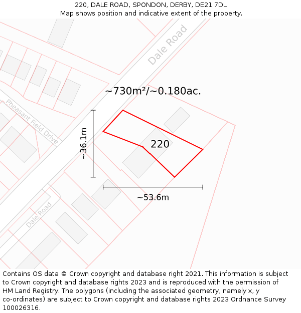 220, DALE ROAD, SPONDON, DERBY, DE21 7DL: Plot and title map