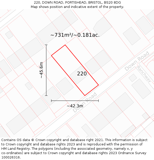 220, DOWN ROAD, PORTISHEAD, BRISTOL, BS20 8DG: Plot and title map