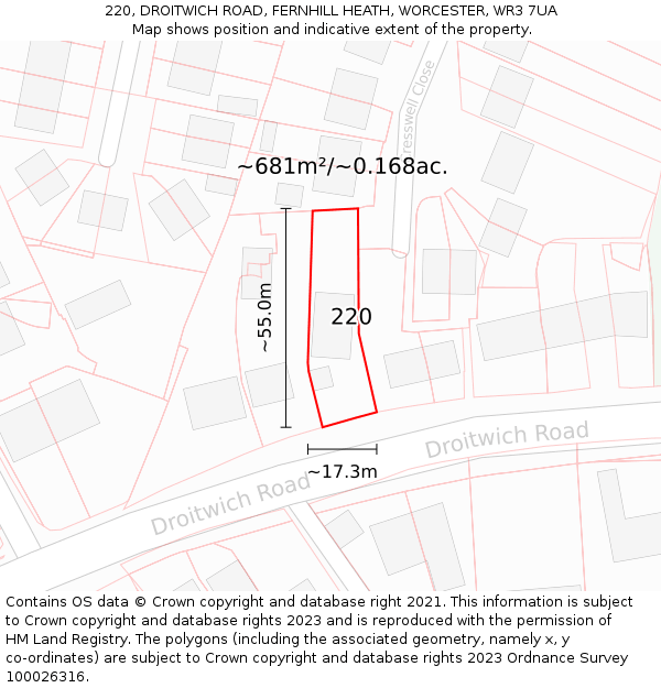 220, DROITWICH ROAD, FERNHILL HEATH, WORCESTER, WR3 7UA: Plot and title map