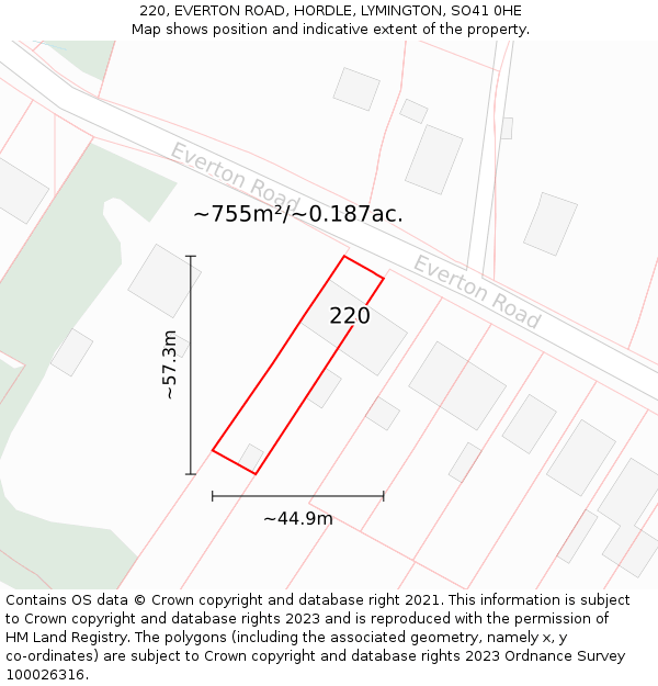220, EVERTON ROAD, HORDLE, LYMINGTON, SO41 0HE: Plot and title map