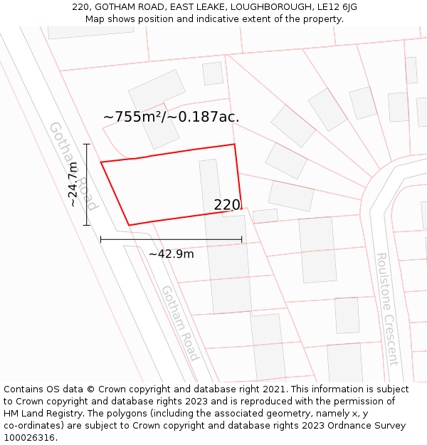 220, GOTHAM ROAD, EAST LEAKE, LOUGHBOROUGH, LE12 6JG: Plot and title map