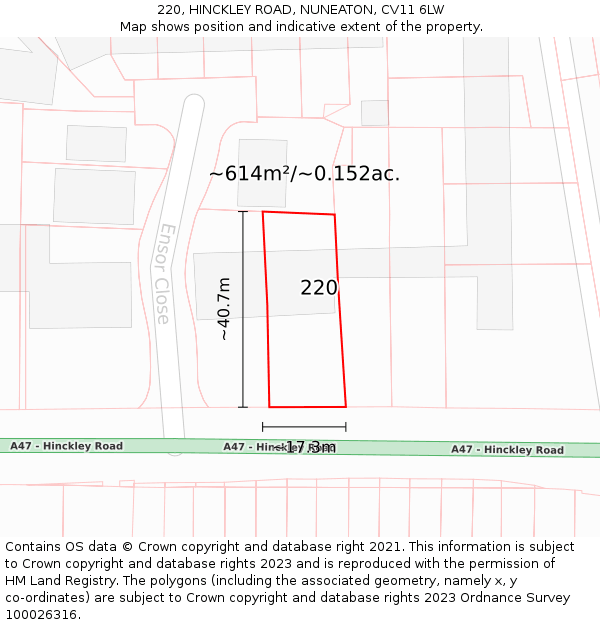220, HINCKLEY ROAD, NUNEATON, CV11 6LW: Plot and title map