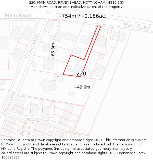 220, MAIN ROAD, RAVENSHEAD, NOTTINGHAM, NG15 9GX: Plot and title map