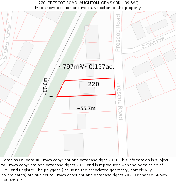 220, PRESCOT ROAD, AUGHTON, ORMSKIRK, L39 5AQ: Plot and title map