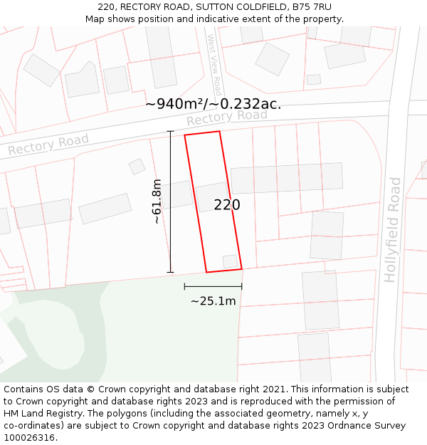 220, RECTORY ROAD, SUTTON COLDFIELD, B75 7RU: Plot and title map